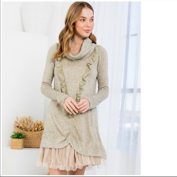 A’reve Wheat Cowl Neck Sweater Mini dress ruffle layer hem lined new - Picture 2 of 4
